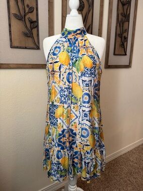 MSK Blue, Yellow & Green Halter Lemon Print Summer Dress